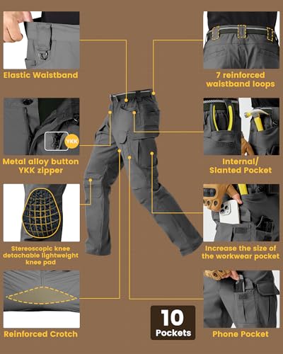 PandaVoy Men's Stretch Tactical Work Pants with Removable Knee Pads, Water-Resistant Ripstop Cargo Pants 34W x 32L Grey