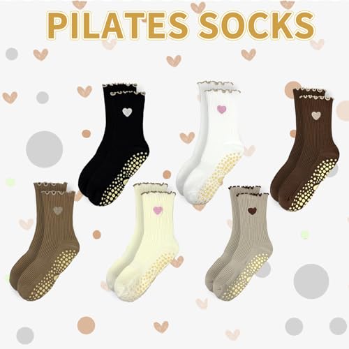 Cute Pilates Grip Socks for Women - Ruffle Non-Slip Barre Socks - Milk Tea Heart
