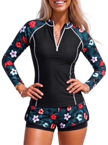 Daci Women's Long Sleeve Rash Guard Set - Black Flower, Size Large