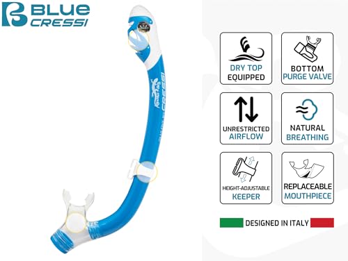 Cressi Iguana Dry Youth Snorkel Ice Cyan/Blue Navy – Dry Top, Splash Guard, Top Valve & Silicone Mouthpiece for Ages 5–15