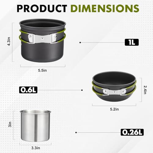 THTYBROS Green Camping Cookware Kit with Pots, Pans & Utensils for Backpacking