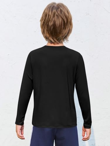 Boys Long Sleeve Athletic T-Shirt - Neon Dry Fit UPF 50+ - Black, 7-8 Years
