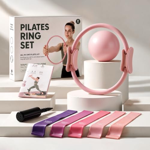 Pilates Ring Set - 14" Magic Circle, 9.8" Ball, 5 Resistance Bands - Pink