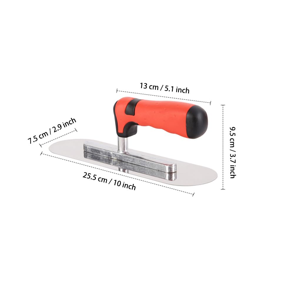 ESreake Concrete Tools Stainless Steel Pool Trowel, 10" x 3" Masonry Hand Tool with Soft Grip Handle, Lightweight, Plastering Trowel for Drywall Plastering Construction, Round End (Small:10"L x 3"W)