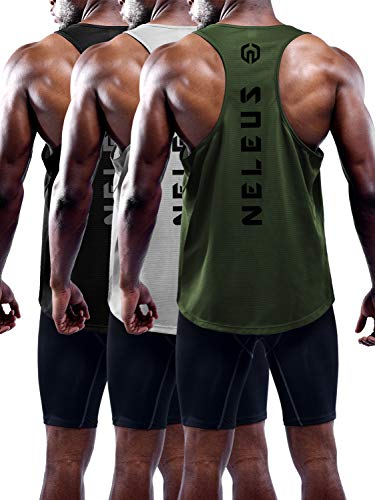 Men's 3 Pack Dry Fit Y-Back Muscle Tank Gym Shirt - Large, Black/Grey/Olive-Green