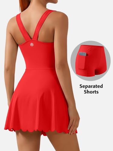ATTRACO Women’s Tennis Dress with Shorts - Scalloped Design, Red Medium