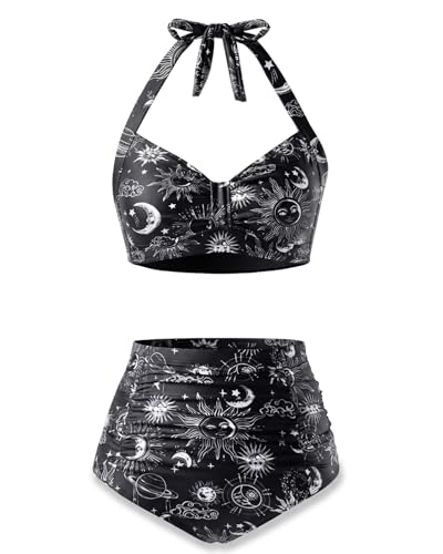 Holipick Women's High Waisted Bikini Set - Large Black Sun Moon Swimwear