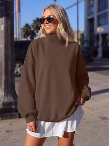 Trendy Queen Women's Oversized Fleece Mock Neck Sweatshirt with Pockets - Dark Brown, Medium