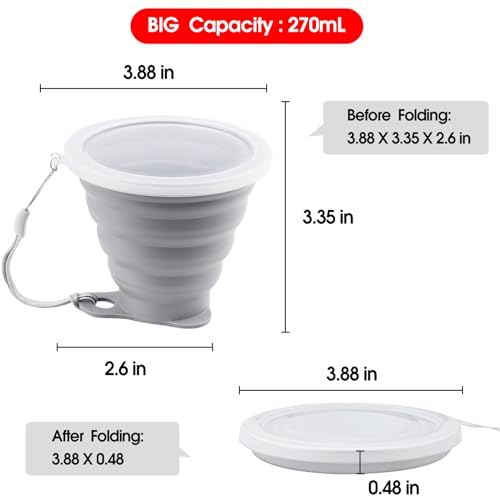 Silicone Collapsible Camping Cups with Lids - 270ml, 2 Pack