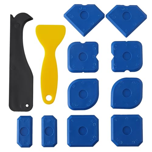 Caulk Tool Kit - 12-Piece Plastic Silicone Caulking Tools for Tile Sealing & Grouting Silicone Finishing Tools for Tile and Grout Smoothing(Blue)