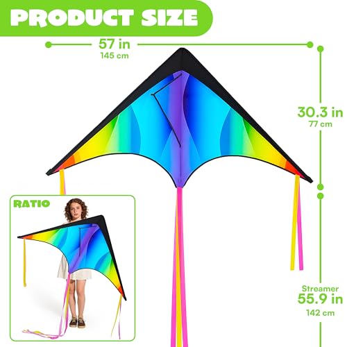Large Delta Kite - Gradient Rainbow Easy Flyer for Kids & Adults