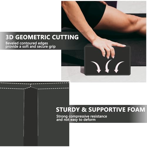 Yoga Blocks - 9"x6"x3" Black Foam, Non-Slip, Lightweight, Supportive