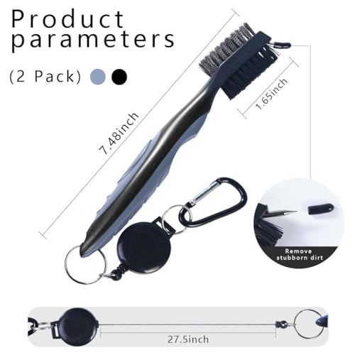 Golf Club Brush Cleaner Tools - 2 Pack with Carabiner - Black & Gray