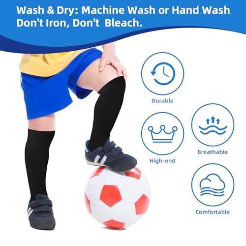 Kids Football Socks - 2 Pair Solid Black, Breathable Sports Socks for Ages 4-8