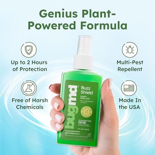 BugMD Buzz Shield Mosquito & Tick Repellent Spray 4 Fl Oz – DEET-Free, Lemongrass, Skin-Friendly