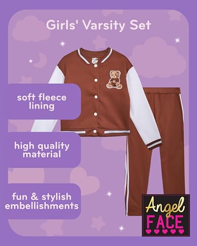 Girls Sweatpants Set - 2 Piece Fleece Varsity Jacket & Pants - Brown/White Bear / 7-8