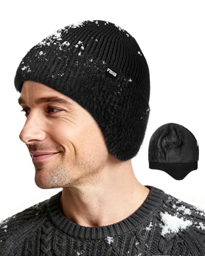 Mens Winter Hat with Ear Flaps - Thermal Beanie, One Size Black