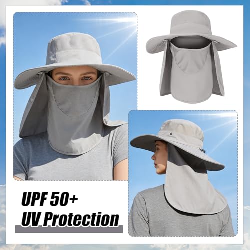 4 Pack Sun Hats for Men Women UPF 50 Wide Brim Bucket Hat with Removable Neck Curtain - Light Gray & Gray