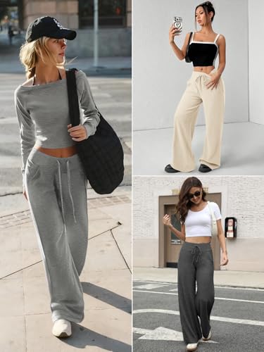 ATHMILE Women's Wide Leg Baggy Sweatpants - Medium/Dark Heather Gray