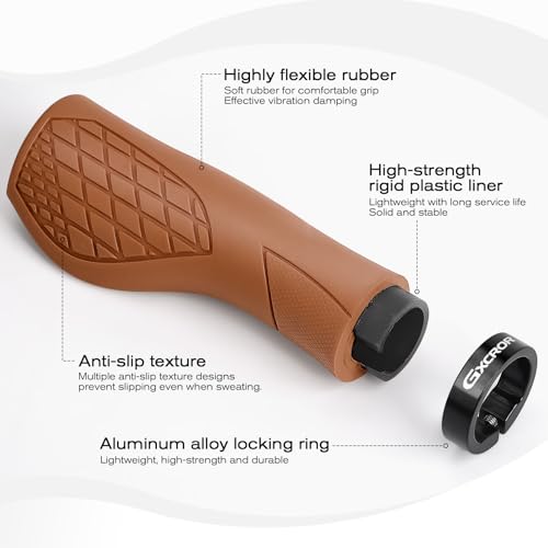 GXCROR Brown Bicycle Handlebar Grips - Ergonomic Shock-Absorbing Silicone, 22.2mm, Non-Slip Pattern, Universal Fit