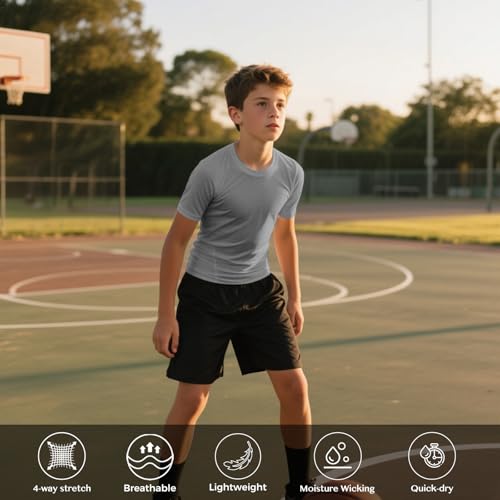 Anawakia Boys Compression Shirt 2 Pack – Short Sleeve Quick-Dry Athletic Tee for Basketball & Football, Black/Gray, Size Small