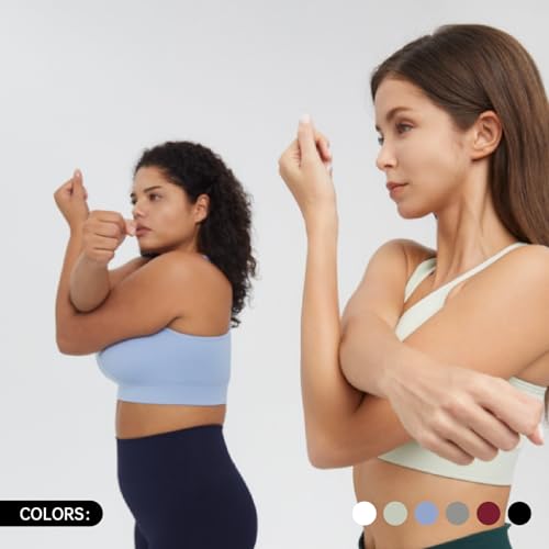 AMRIY Racerback Sports Bra for Women Medium Support Padded Seamless Wireless 2 Pcs White (36-38)