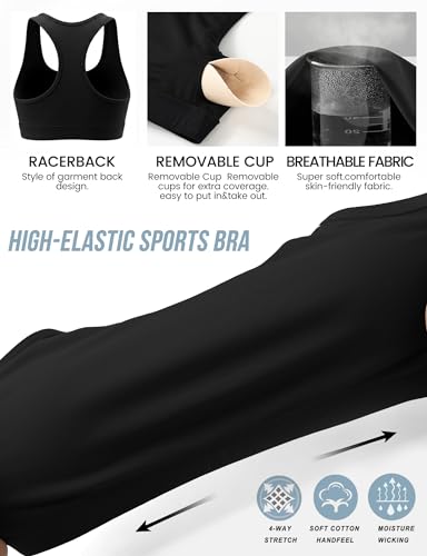 Medium Impact Support Sports Bra for Women - Black, Large