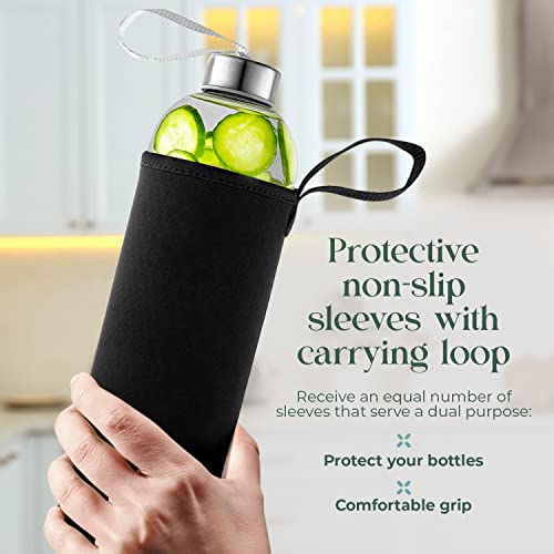 24oz Glass Water Bottles Set of 4 with Nylon Protective Sleeves - Leakproof & Eco-Friendly