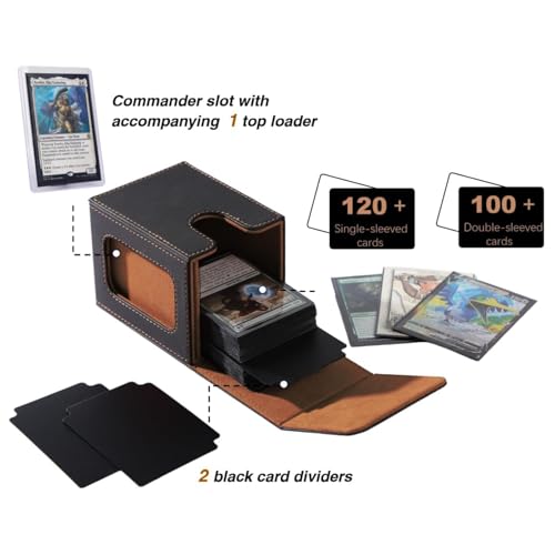 MTG Deck Box for Commander Cards - Holds 120 Single/100 Double-Sleeved Cards, PU Leather with Dividers & Toploader