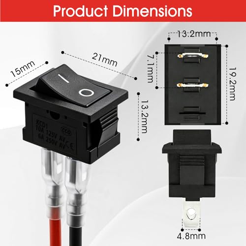 Mini Rocker Switch 2-Pin SPST 12V 20A - 10-Pack