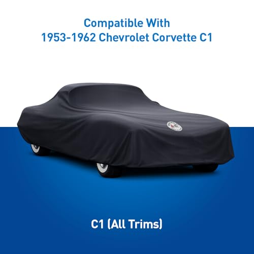 Custom Fit Indoor Car Cover for 1953-1962 Chevrolet Corvette C1 - Black with Official Flags Logo, Includes Storage Bag