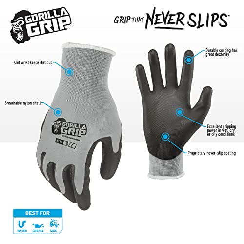 Gorilla Grip Work Gloves, Never Slip Maximum Grip All-Purpose, Gloves for Men, Superior in Wet, Dry, Oily Conditions, Polymer Palm, Small Size, 15 Pairs, Grey| 25945-25