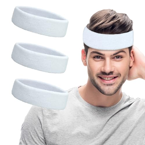 Moisture-Wicking Sports Headbands - 3 Pack Cotton Sweatbands - White