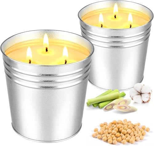 CAKETYCG Set of 2 Citronella 17oz 3-Wick Soy Candles, Outdoor Lantern Tin, 180 Hr Burn