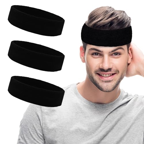 Moisture-Wicking Sweatbands - 3 Pack Headbands for Men & Women - Black