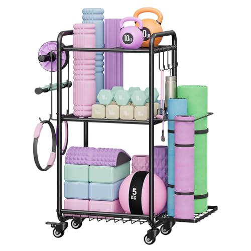 Multi-Functional Home Gym Storage Rack with Wheels - Black