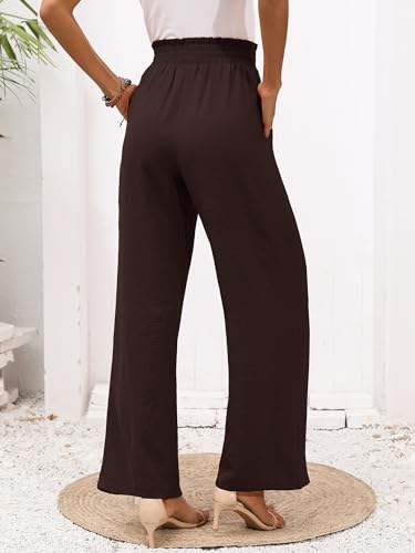Heymoments Women's Linen Wide Leg Pants with High Waist, Dark Brown (Size S) – Elastic Drawstring, Deep Pockets
