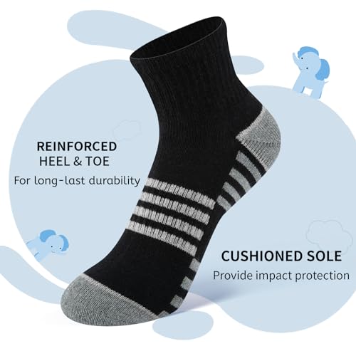 Boys Athletic Quarter Socks - Cushioned Ankle Sports Socks - 6 Pairs, Sizes 7-10 Years, Black