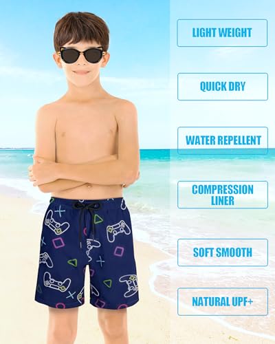 LUCOWEE Boys Swim Trunks - Gamepad Blue 10-12 / Soft Lined Quick-Dry UPF50+