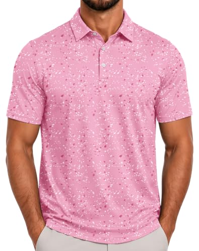 ZITY Men's Pink Splattered Paint Golf Polo Shirt XL Performance Moisture-Wicking Short Sleeve Collared Print for Golf & Casual
