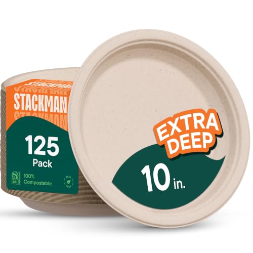 Stack Man 10 Inch Deep Dish Compostable Plates 125-Pack - Heavy Duty Eco-Friendly Tableware