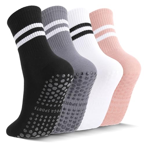 Striped Pilates Grip Socks for Women - 4 Pairs - White, Black, Pink, Gray