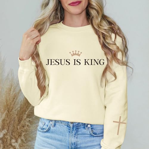Jesus Is King Sweatshirt - Christian Cross Faith Hoodie - Apricot, Medium