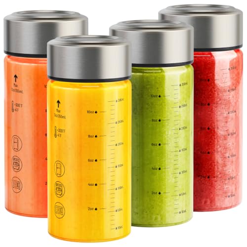 Sursip 12oz Clear Wide Mouth Borosilicate Glass Juice Bottles - 4 Pack with Leakproof Lids