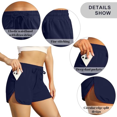 URATOT 3 Pack Women’s Cotton Yoga Shorts with Pockets & Drawstring – Black / Dark Gray / Navy (Size Large)