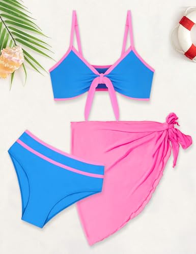 Girls 3PCS Bikini Set with Cover Up Skirt - Blue & Pink, Size 13-14