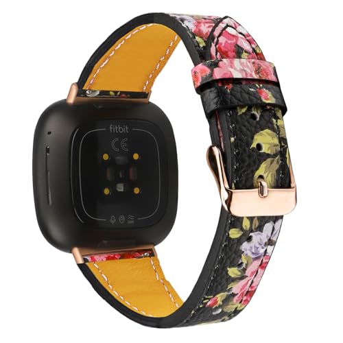 Floral Leather Replacement Bands for Fitbit Sense 2/Versa 4/Versa 3, Stylish Strap for Women & Men