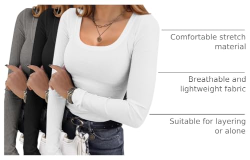 Ekouaer Women's Long Sleeve Thermal Undershirts 3 Pack - Square Neck Lightweight Tops, Black White Grey