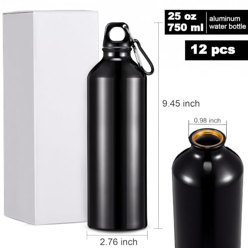 12 Pack Black Aluminum Sports Water Bottles 25 oz - Lightweight & Leak-Resistant