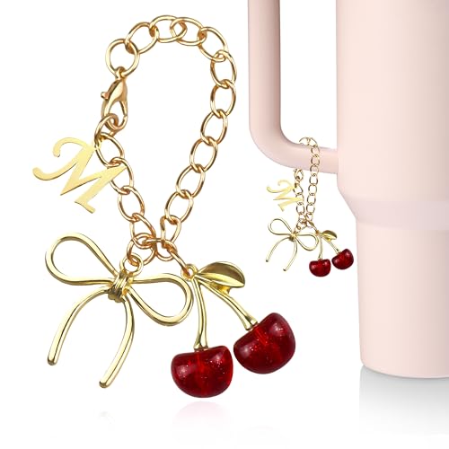 Gold Letter Charm with Bow & Red Cherry for Stanley Cup Tumbler